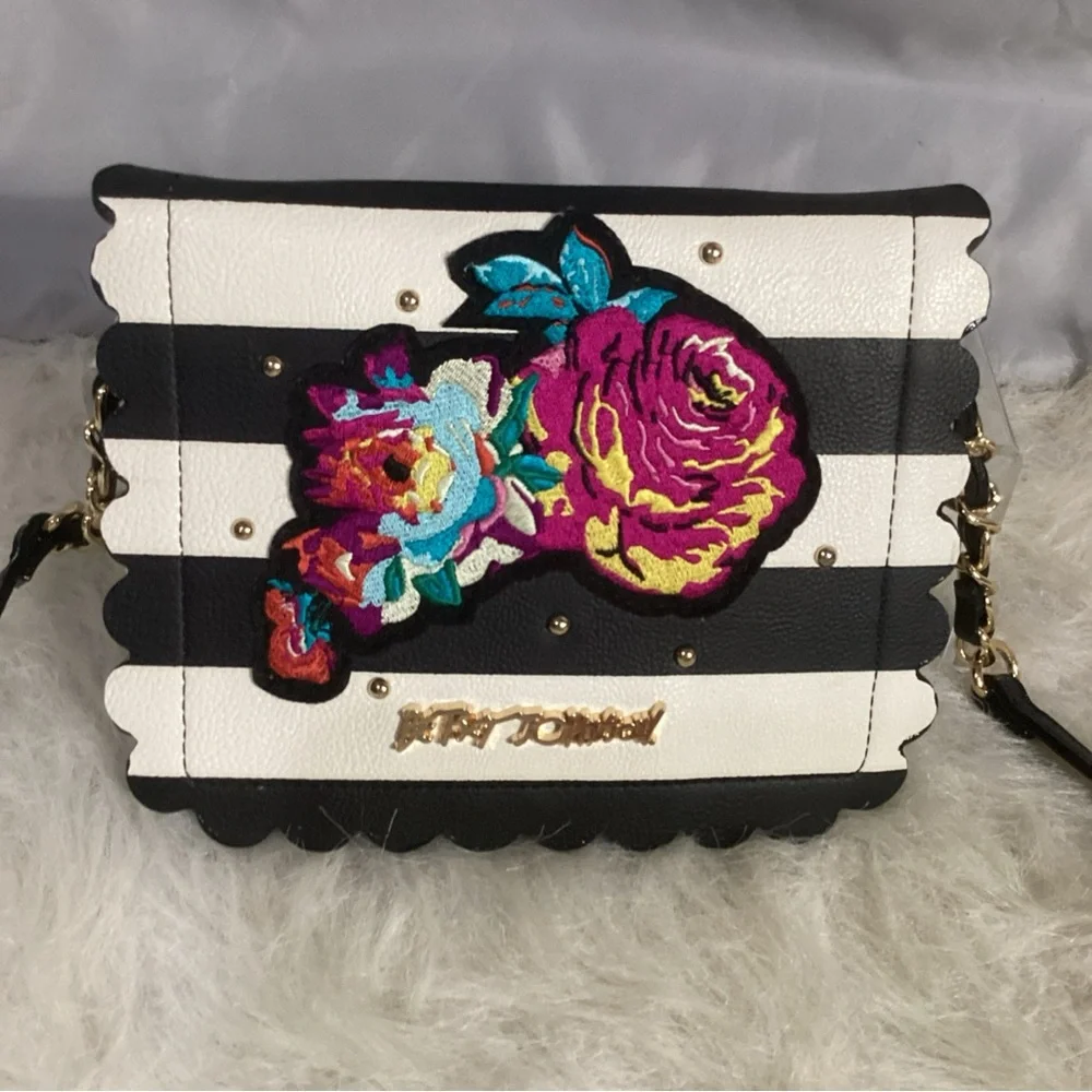 Betsey Johnson Black White Striped Floral Appliqué Crossbody Wallet Bag Vegan